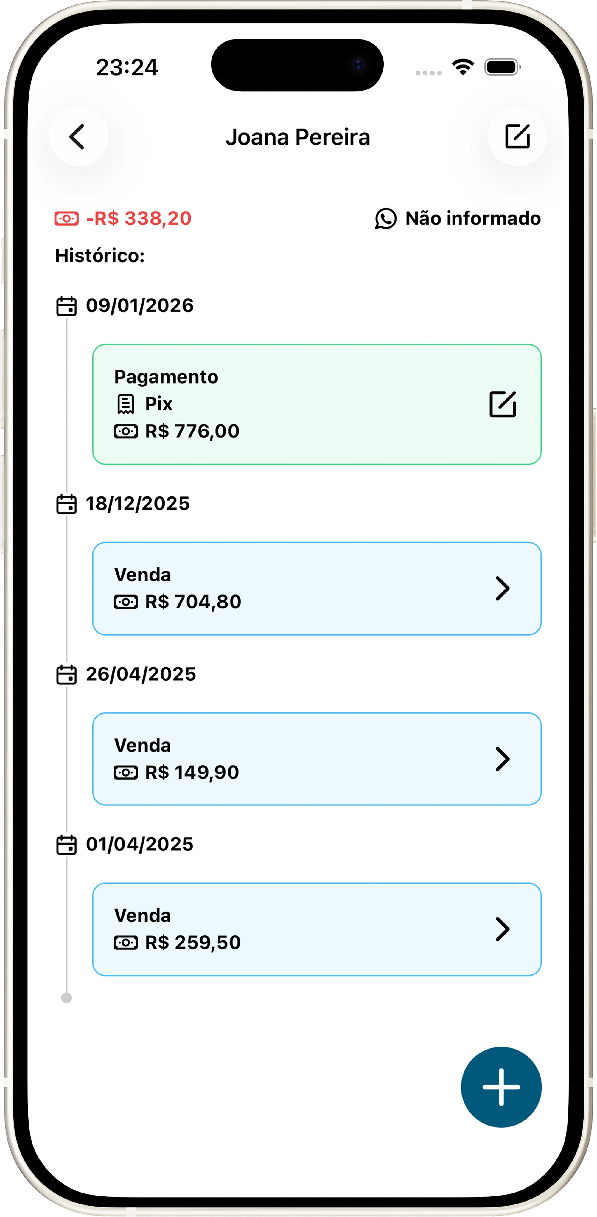 Ficha de cliente no Gerente com saldo devedor e histórico de vendas e pagamentos no fiado
