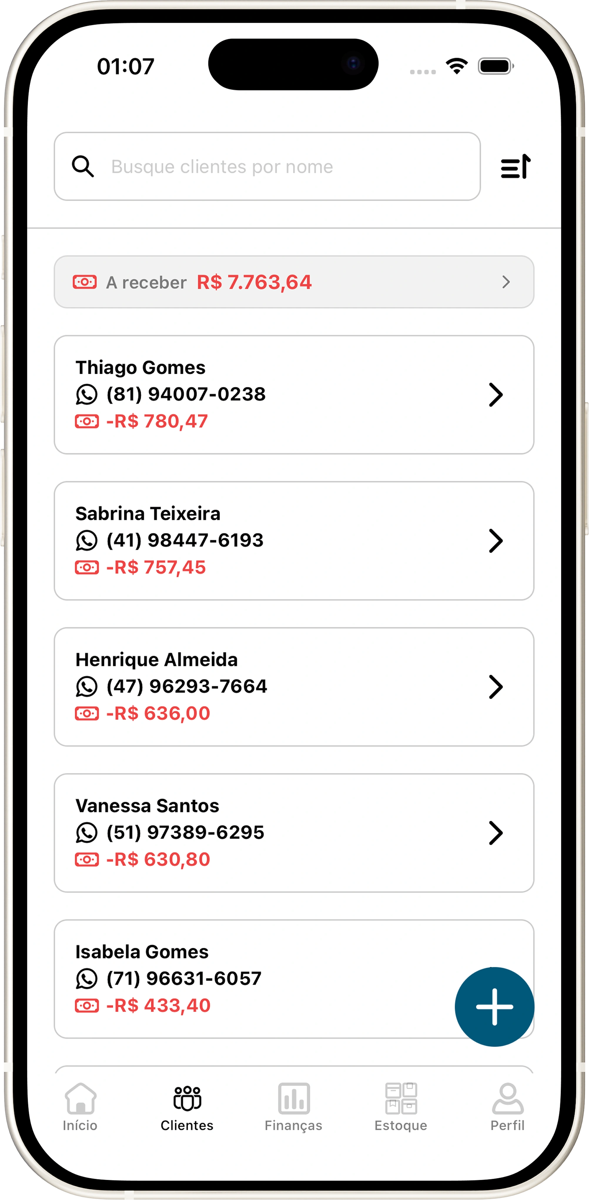 Tela de clientes do Gerente com total a receber e saldo devedor de cada cliente