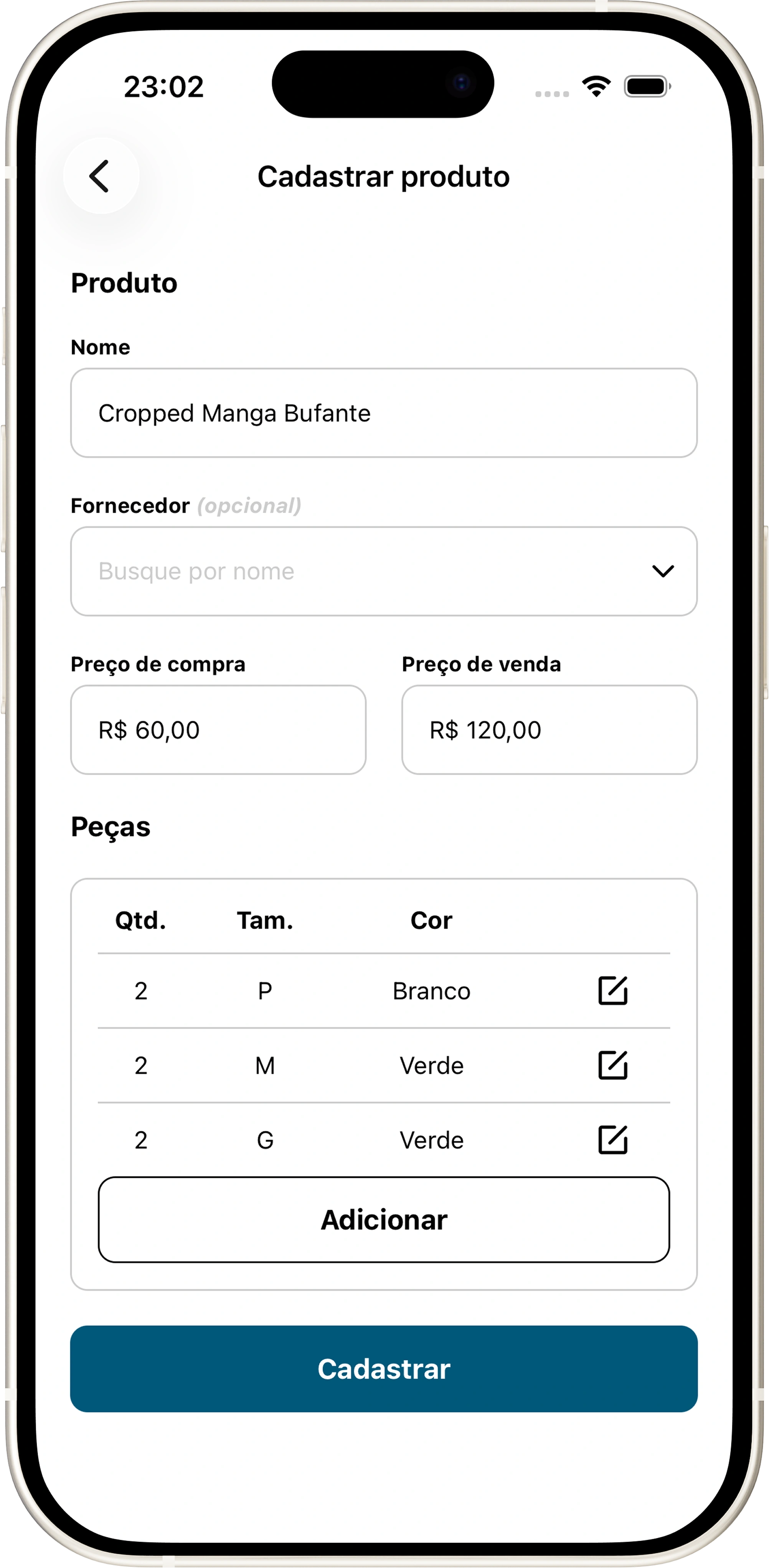 Tela de cadastro de produto no Gerente, com variações de tamanho e cor