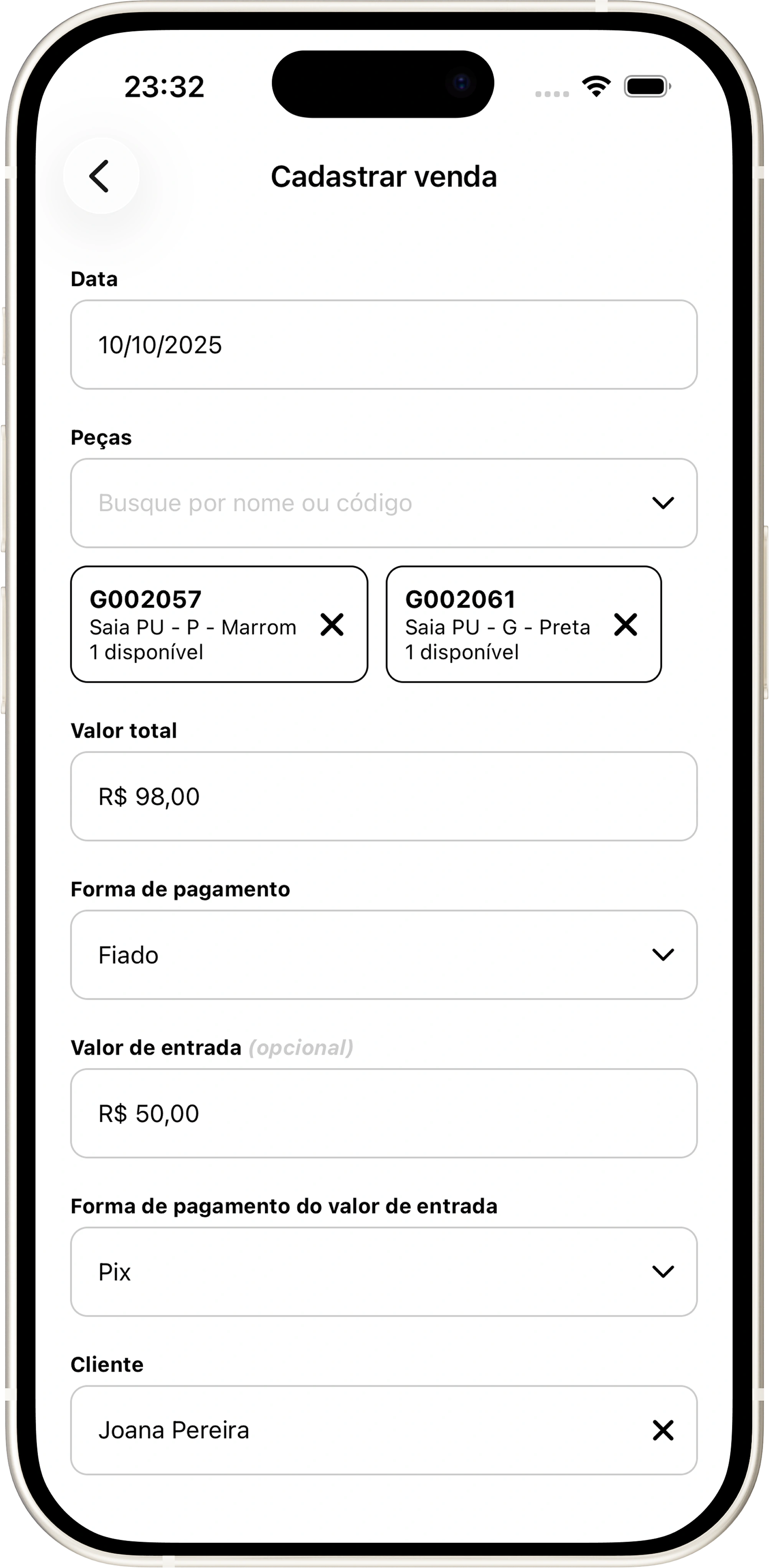 Tela de registro de venda no Gerente, com peças, forma de pagamento e fiado